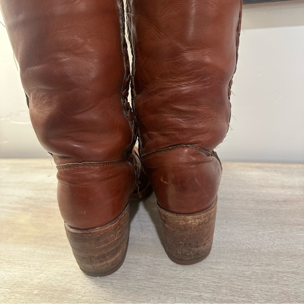 Frye Vintage Braided Sabrina Amber Brown Knee High Tall Boot Women's size 6 - Picture 8 of 16